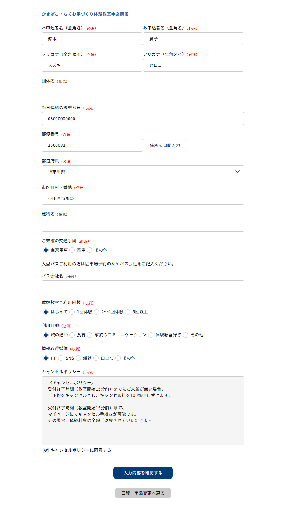 情報入力後「入力内容を確認する」をタップする